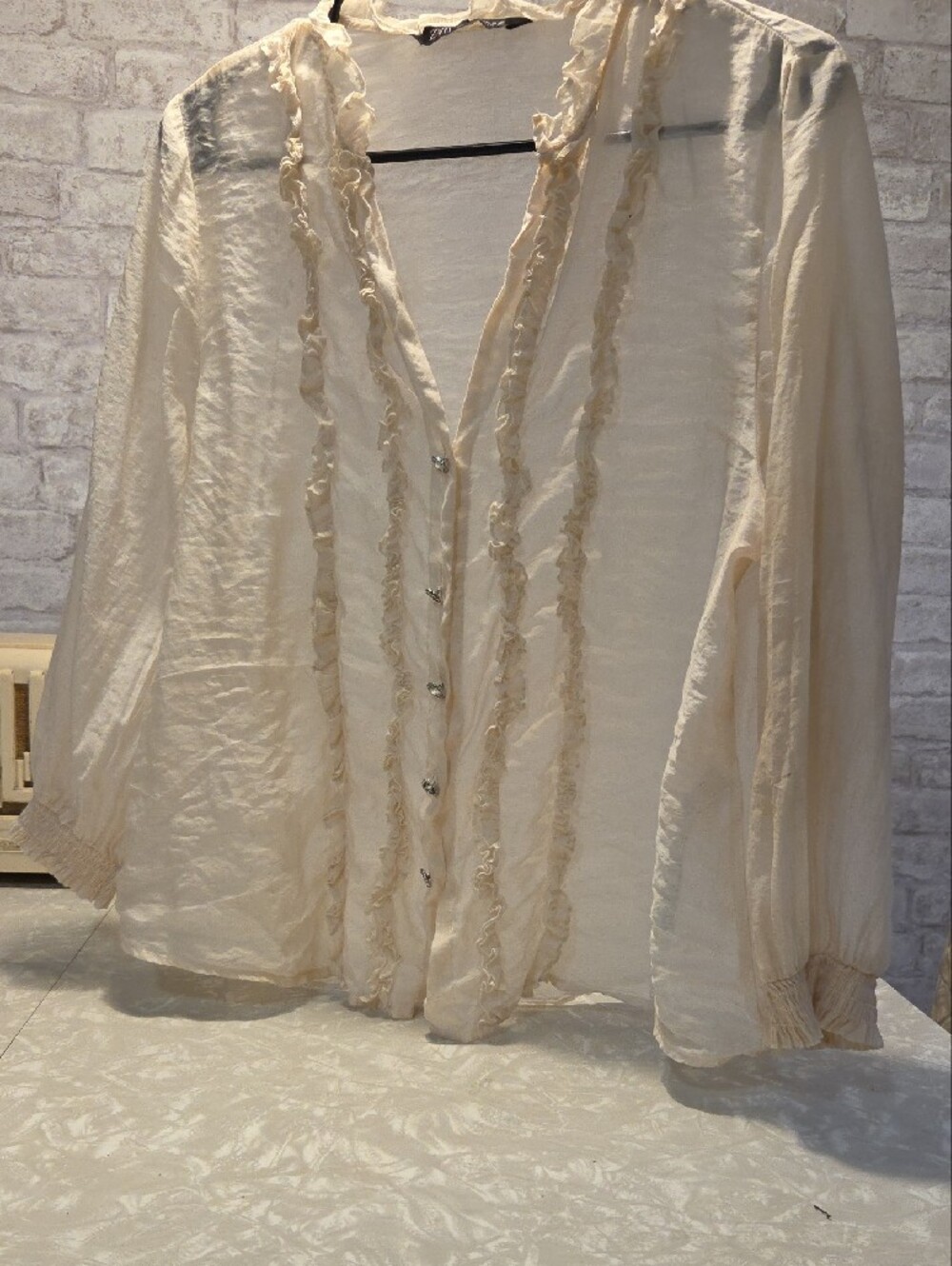 Zara Cream Ruffle-Trim Button Front Blouse - Picture 8 of 8